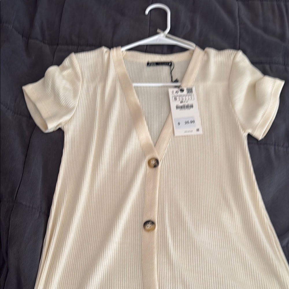 Zara Beige Ribbed V-Neck Dress